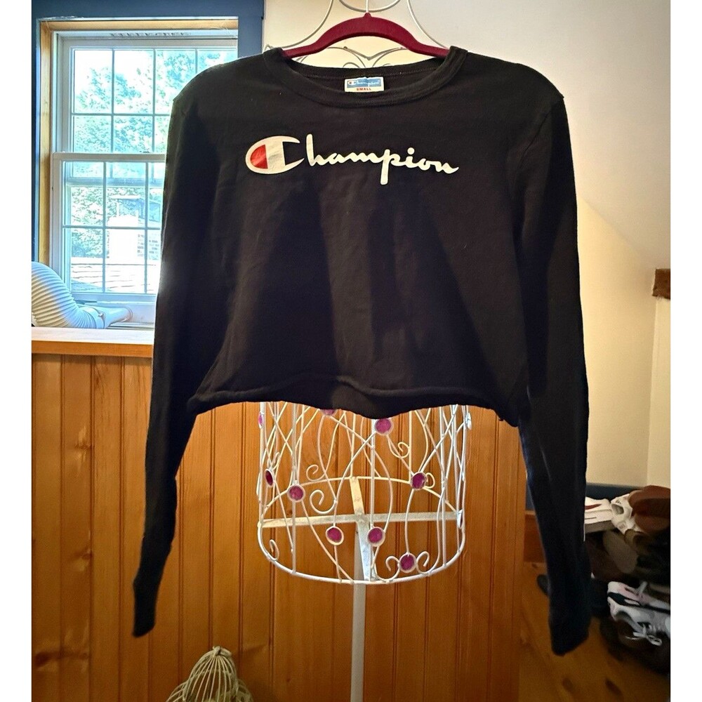 Champion Black Cropped Pullover Crewneck Cotton long sleeve T-shirt size small